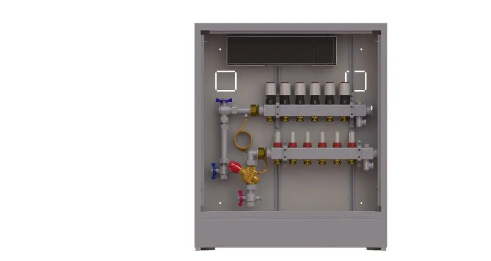 Danfoss Heizungsverteiler mit mehreren Regelventilen und Kugelhähnen, montiert in einem grauen Gehäuse, für den Einsatz in Heizungsanlagen.